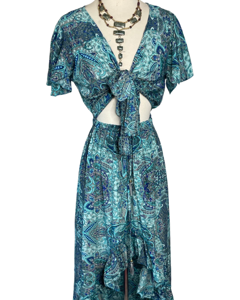 Dress - Tie Front Cut Out High and Low Silk (Blue)