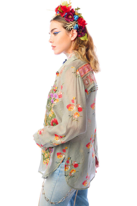 Mia Grace Shirt - Spring Shirt Dress: Light Olive Floral