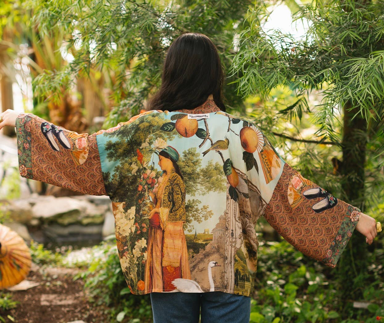 Cropped Bamboo Kimono Cardigan - Secret Garden with Swan