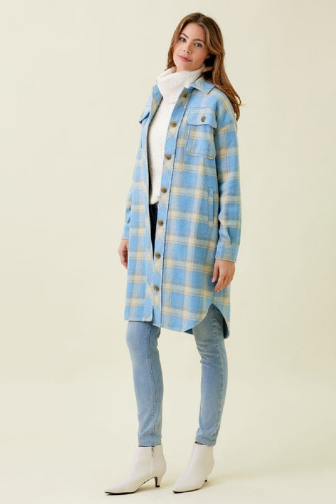 Jacket - Fringe Placket Plaid Soft Blue