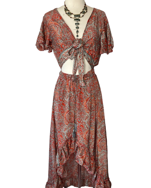 Dress - Tie Front Cut Out High Low Silk (Red)