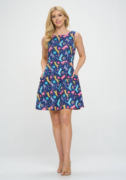 Skater Dress - Colorful Playful Cat Print