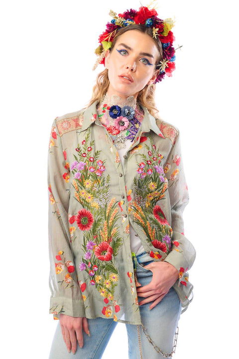 Mia Grace Shirt - Spring Shirt Dress: Light Olive Floral