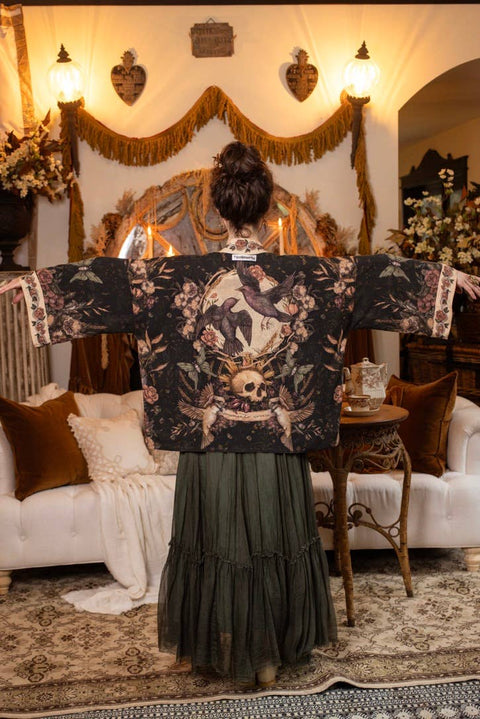 Pixie Duster Crop Kimono - Momento with Floral, Starling & Skull