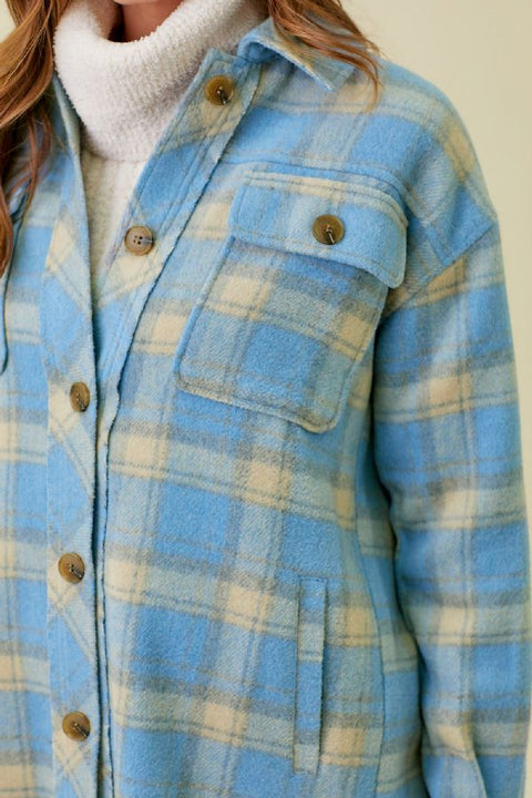 Jacket - Fringe Placket Plaid Soft Blue