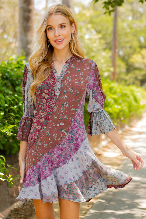 Boho Patchwork Overdyed Babydoll Dress - Grey