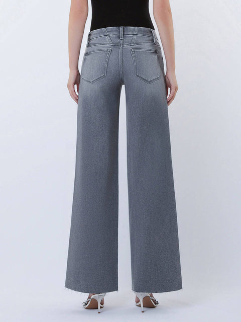 Jeans - Mid Rise Clean Cut Raw Hem Wide Leg: Grey