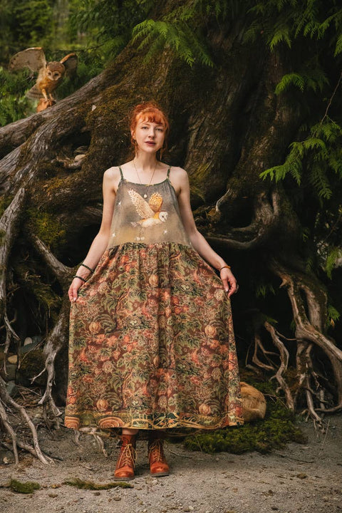 Bohéme Maxi Slip Dress - Woodland Wisdom w/ Florals, Fox & Owl