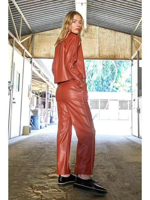 Pants - Piping Faux Leather Brick Red
