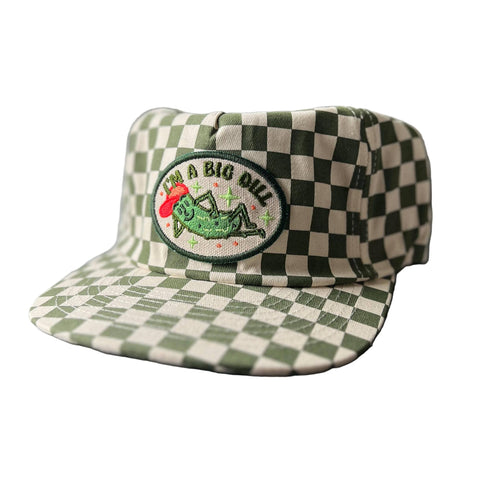 Green and white checkered cap with a dill pickle "I'm a big dill" patch on a white background