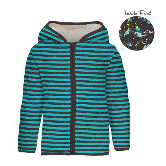 Quilted Jacket with Sherpa Lined Hood - Rad Stripe with Confetti Splatter Paint