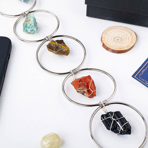 Wall Hanging - Natural 7 Chakra Raw Stone (Silver Hoop)