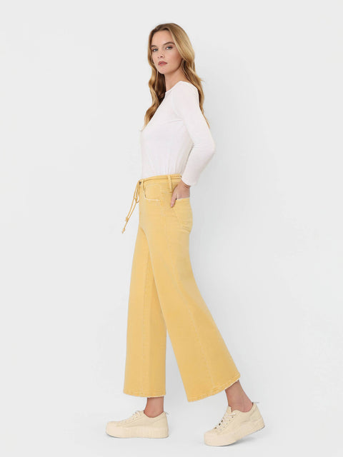 Jeans - High Rise Drawstring Crop Wide Leg: Marigold