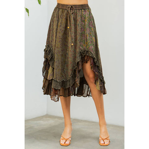 Mid-Length Skirt - Bohemian with Rayon Print: Gravel