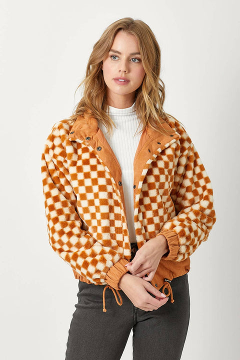 Checkered Faux Fur Jacket - Pumpkin