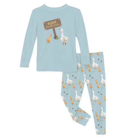 2 Piece Pajama Set (Long Sleeve) - Spring Sky Feeding Ducks with Graphic Top