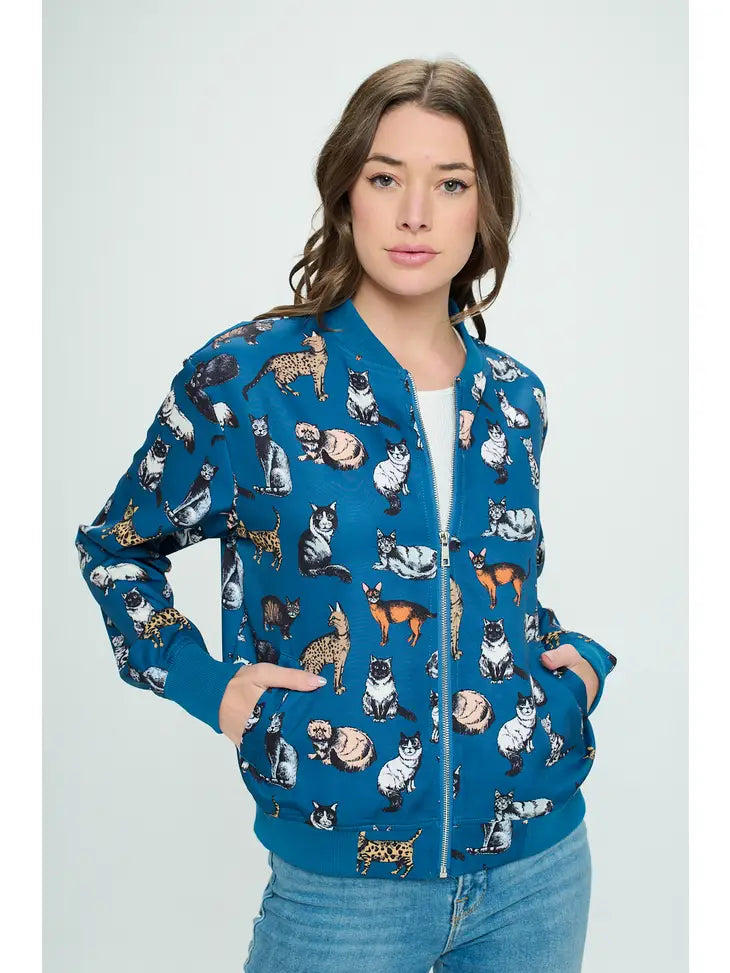 Bomber Jacket - Multi Cat Print On Blue