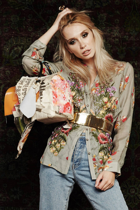 Mia Grace Shirt - Spring Shirt Dress: Light Olive Floral