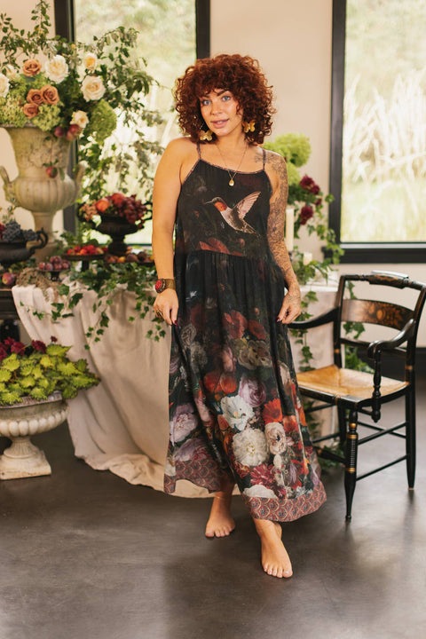 Bohéme Long Maxi Slip Dress - Flight of Fancy with Hummingbirds