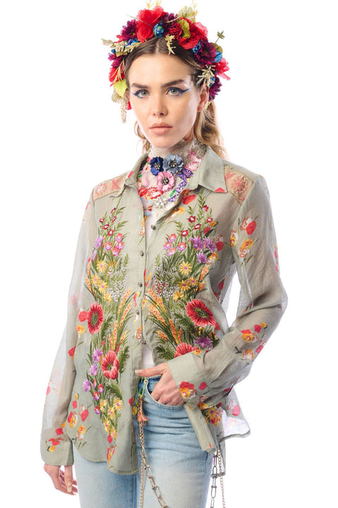 Mia Grace Shirt - Spring Shirt Dress: Light Olive Floral