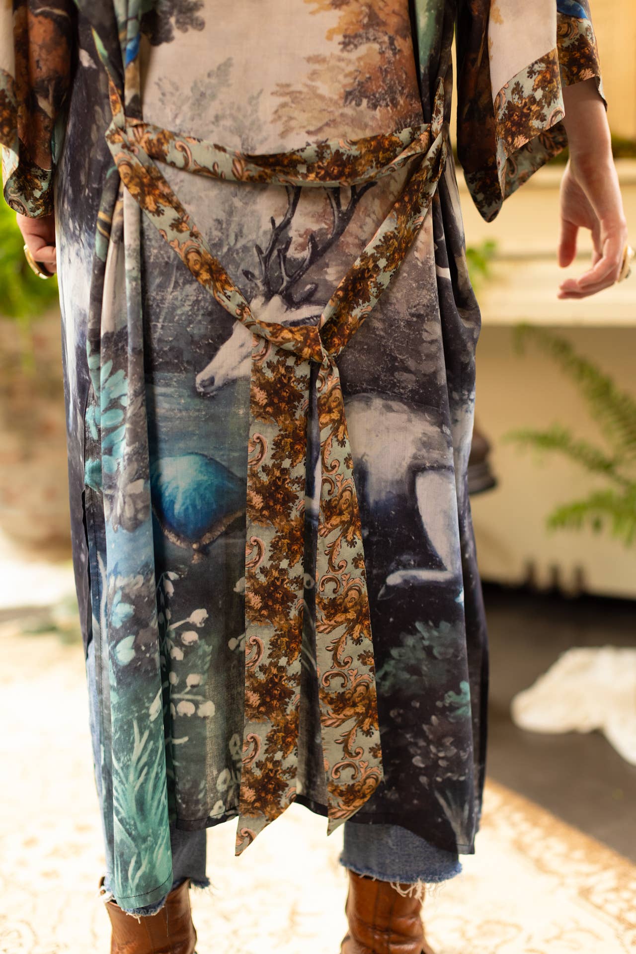 Long Duster Bamboo Kimono Robe - Theatre of Dreams with Deer