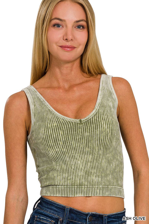 Washed Seamless Rib Crop Tank with Removable Bra - Ash Olive