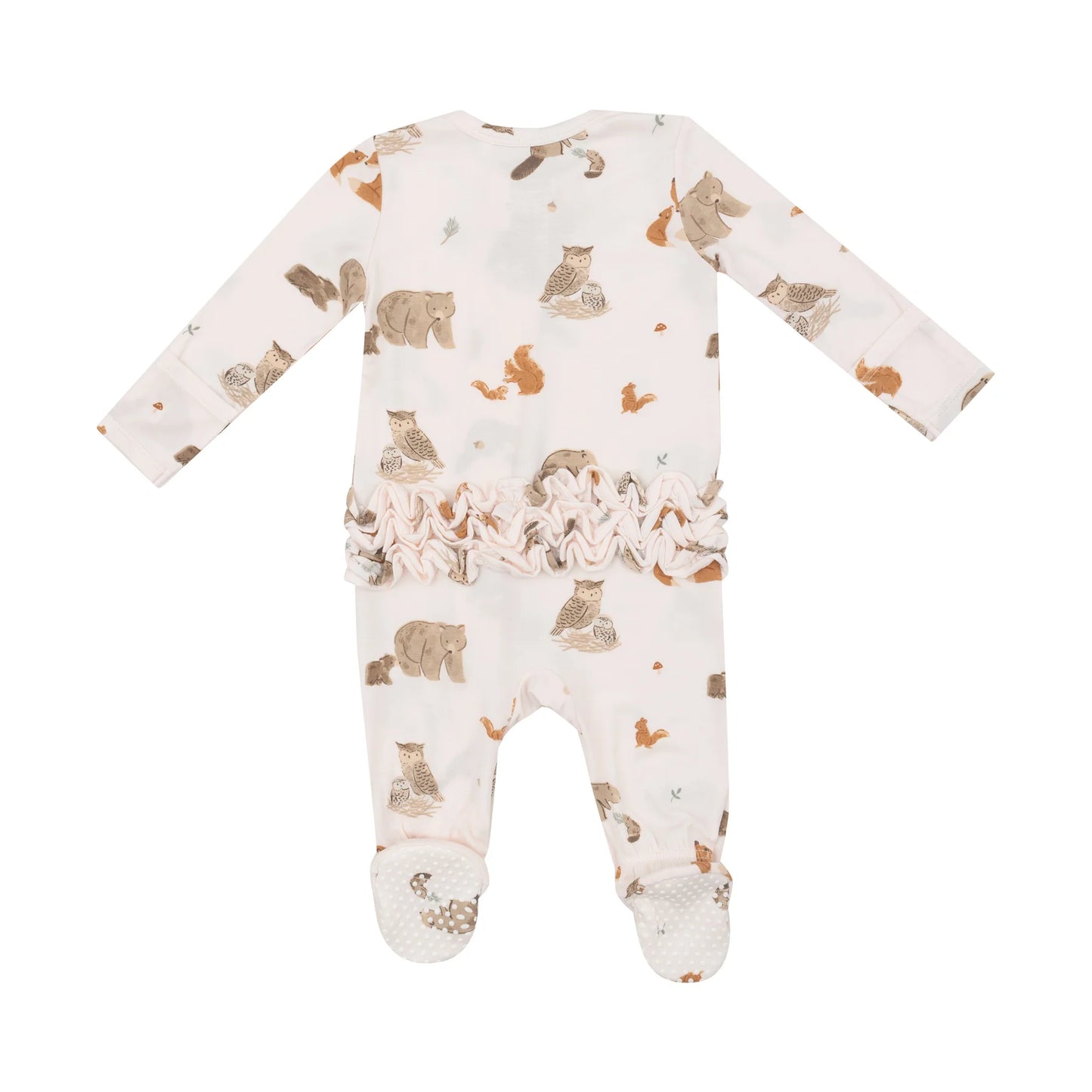 Ruffle Footie (2 Way Zipper) - Mixed Woodland Animals Pink