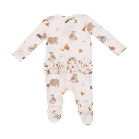 Ruffle Footie (2 Way Zipper) - Mixed Woodland Animals Pink