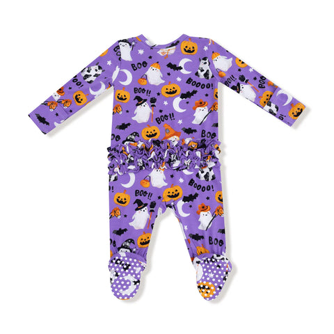 Ruffle Footie (2 Way Zipper) - Costumed Ghosts Purple Glow in the Dark