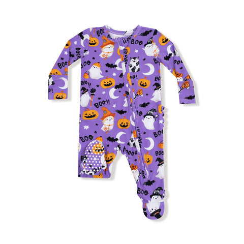 Ruffle Footie (2 Way Zipper) - Costumed Ghosts Purple Glow in the Dark