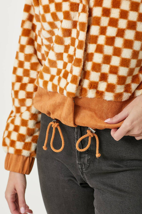 Checkered Faux Fur Jacket - Pumpkin
