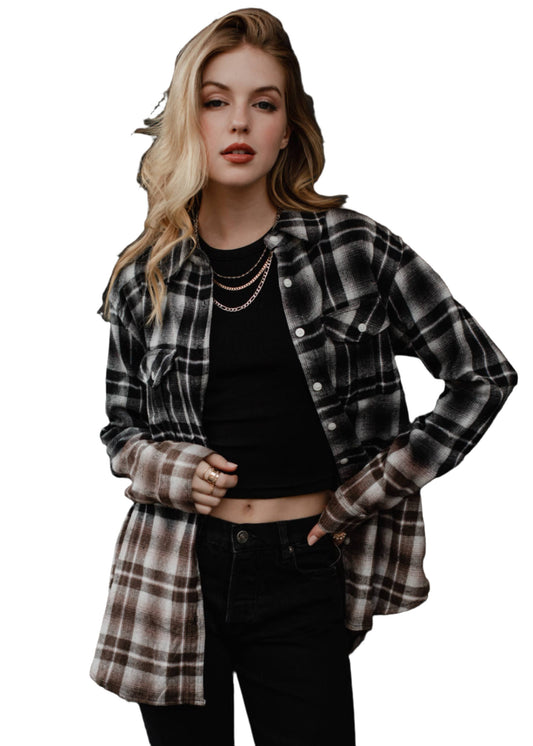 Flannel Shirt - Black, White & Brown Plaid