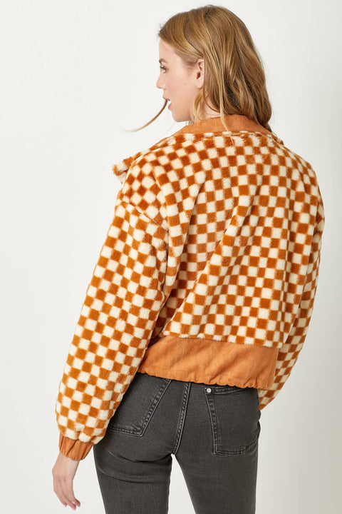 Checkered Faux Fur Jacket - Pumpkin