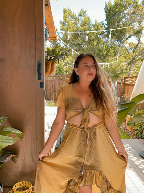 Dress (High Low Tie Front Cut Out Silk) - Gold