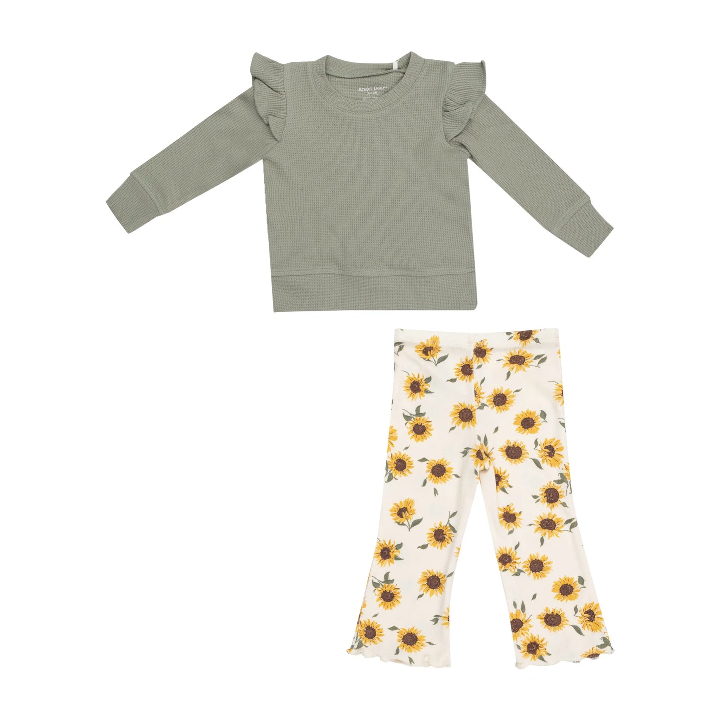 Ruffle Shoulder Waffle Shirt with Flare Pants - Ribbed Baby Sunflowers