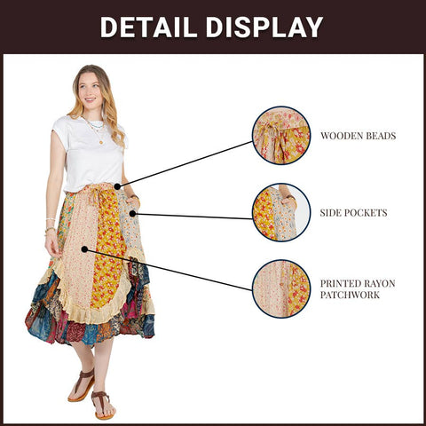 Mid-Length Skirt - Bohemian with Rayon Print: Gravel