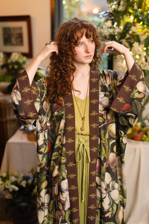 Opera Duster Kimono Robe - Fleur De Lune with Florals & Bees