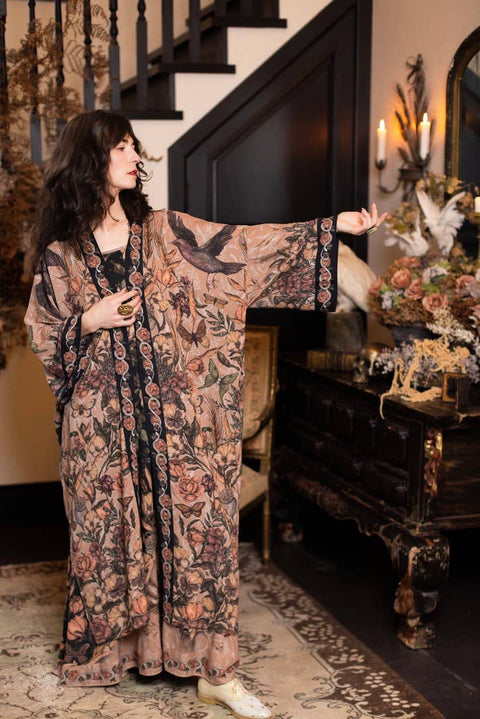Opera Duster Kimono Robe - Momento with Starlings & Skull
