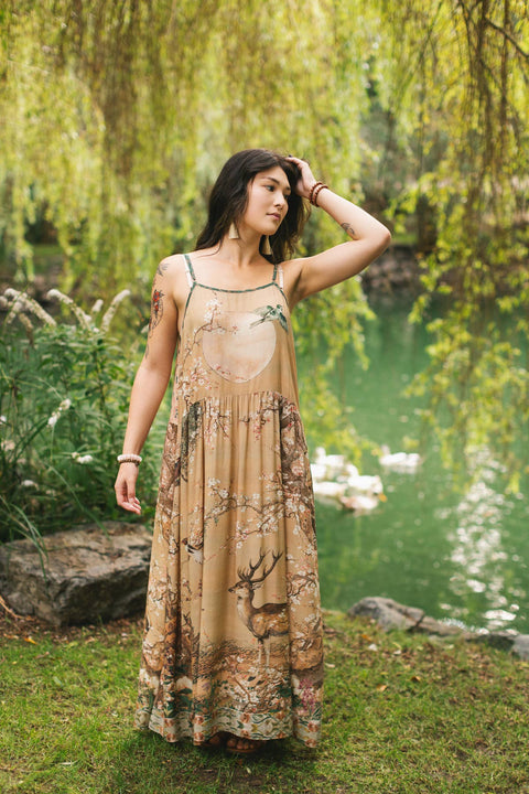 Long Maxi Slip Dress - Fable Bohéme w/ Blossoms, Deer & Moon