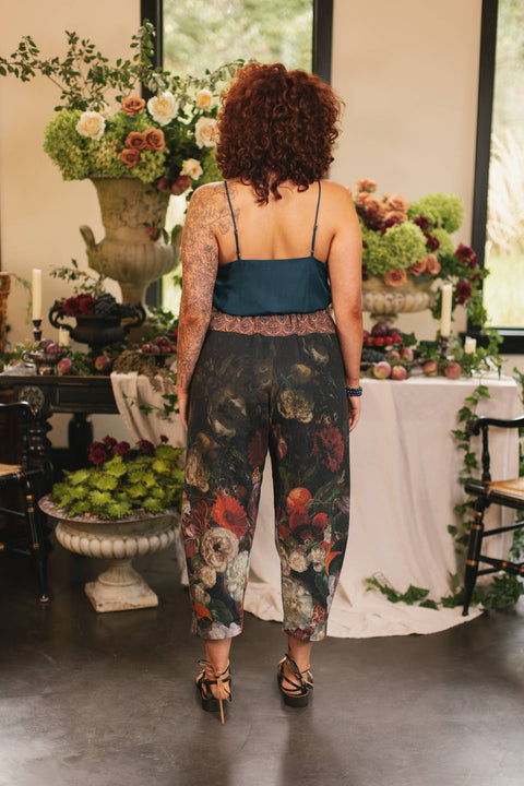 Linen Cropped Artist Pants - Flight of Fancy with Hummingbird