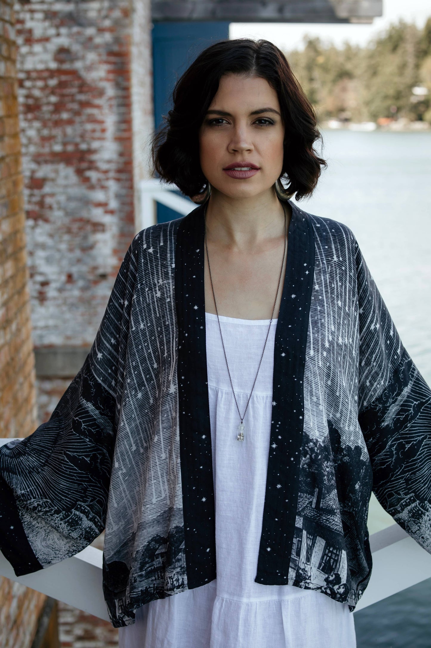 Cropped Bamboo Kimono Cardigan - Stargazer with Falling Stars