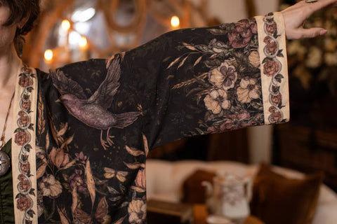 Pixie Duster Crop Kimono - Momento with Floral, Starling & Skull