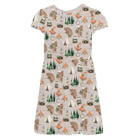 Flutter Sleeve Twirl Dress with Pockets - Latte Camping Animals