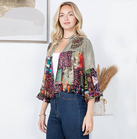 Tiered Patchwork Cropped Shrug - Vintage Bohemian Gravel