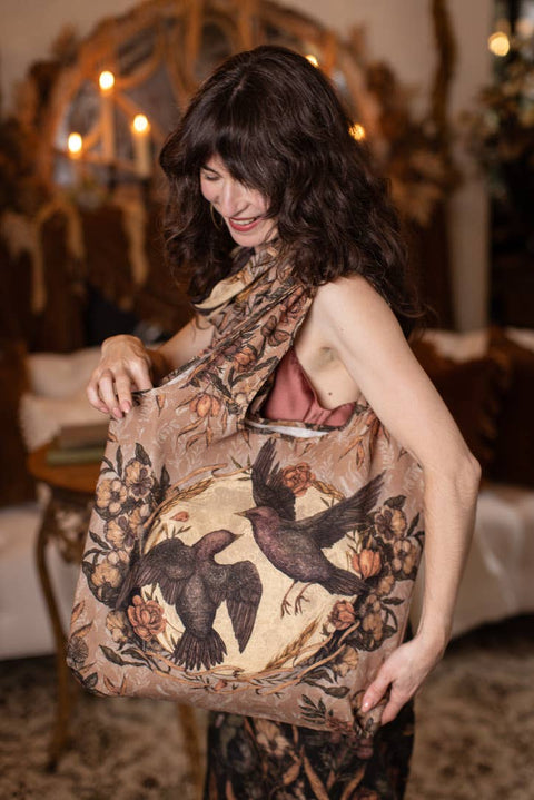 Linen Tote Bag - Momento with Starling, Skull & Floral Print