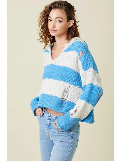 Hoodie - Distressed Sweater Blue Mix
