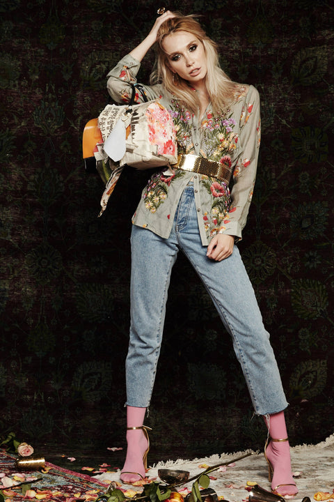 Mia Grace Shirt - Spring Shirt Dress: Light Olive Floral