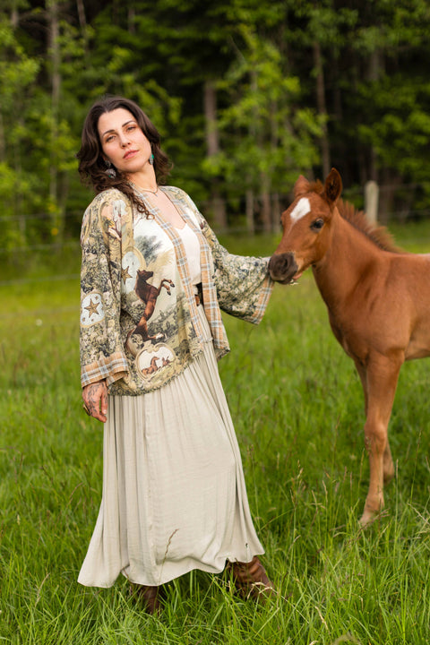 Pixie Duster Crop Kimono - Born to Run  w/ Horse & Flower Print