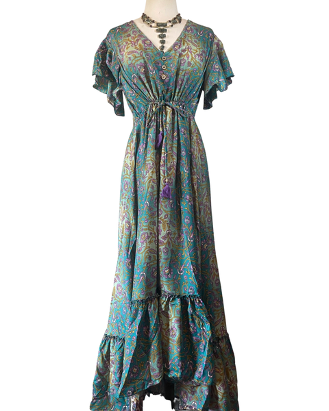 Dress (Silk Maxi Ruffle Butterfly Sleeves) - Ombré Blue