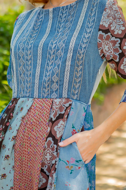 Women’s Boho Embroidered Side Pocket Western Mini Dress - Grey